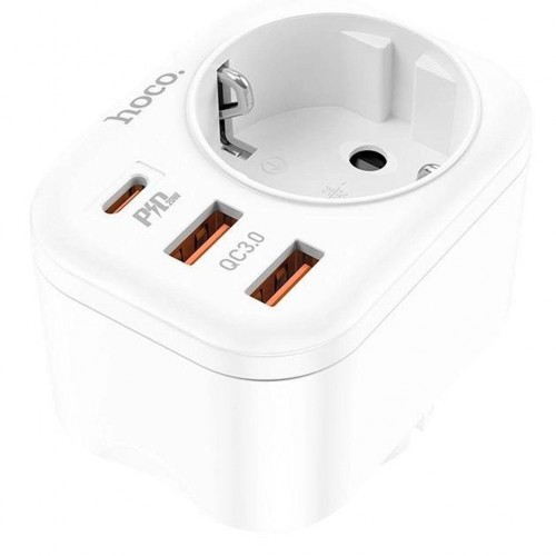 Мережевий зарядний пристрій Hoco NS3 PD+QC3.0 (2xUSB, Type-C, Soket, 20W) White