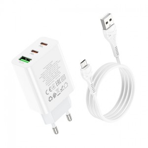 Мережевий зарядний пристрій Hoco C99A PD+QC3.0 Micro (USB, 2xType-C, 20W/Cable MicroUSB) White