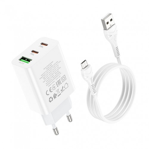 Мережевий зарядний пристрій Hoco C99A PD+QC3.0 Micro (USB, 2xType-C, 20W/Cable MicroUSB) White