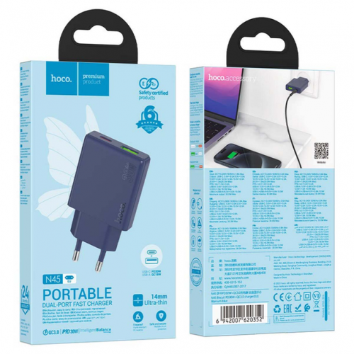 Мережевий зарядний пристрій Hoco N45 PD+QC3.0 (USB, Type-C, 30W) Blue