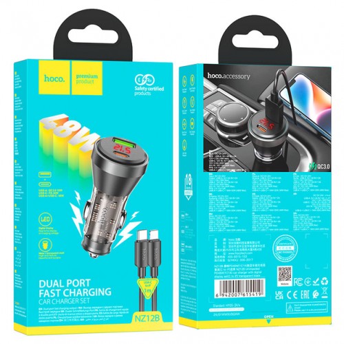 АЗУ Hoco NZ12B LCD PD+QC3.0 Lightning (USB, Type-C, 48W/Cable Type-C to Lightning) Black