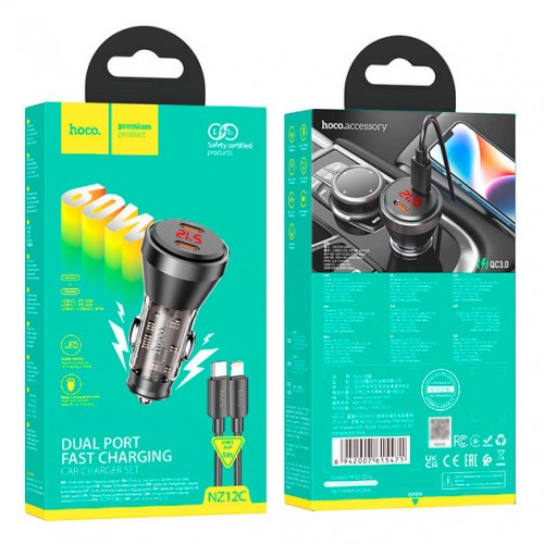 АЗУ Hoco NZ12C LCD PD+QC3.0 Lightning (2xType-C, 60W/Cable Type-C to Lightning) Black