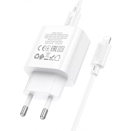 Сетевое зарядное устройство Hoco C76A Pro PD Lightning (Type-C, 30W/Cable Type-C to Lightning) White