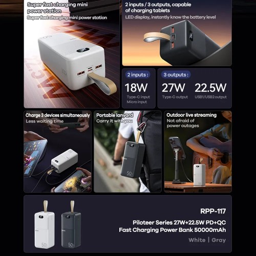 Power Bank Remax RPP-117 PD+QC3.0 27W (50000mAh) Grey