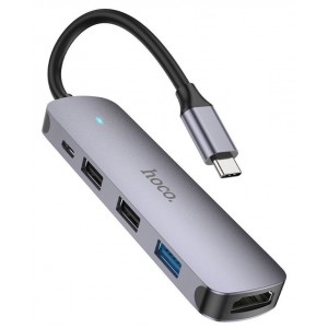 USB-хаб Hoco HB27 5in1 (Type-C to Type-C, USB2.0, USB3.0, HDMI, PD60W) Grey