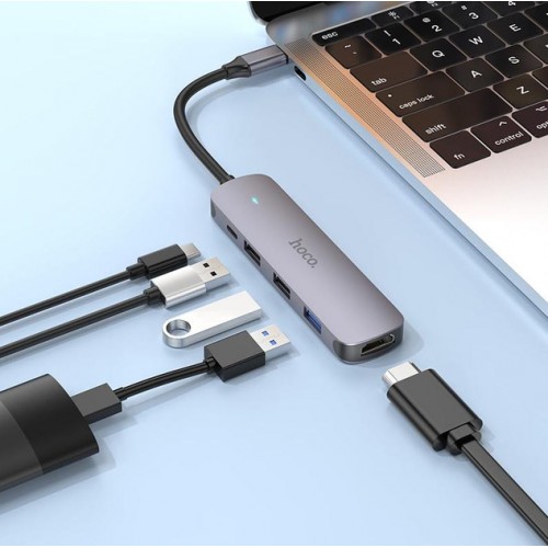 USB-хаб Hoco HB27 5in1 (Type-C to Type-C, USB2.0, USB3.0, HDMI, PD60W) Grey