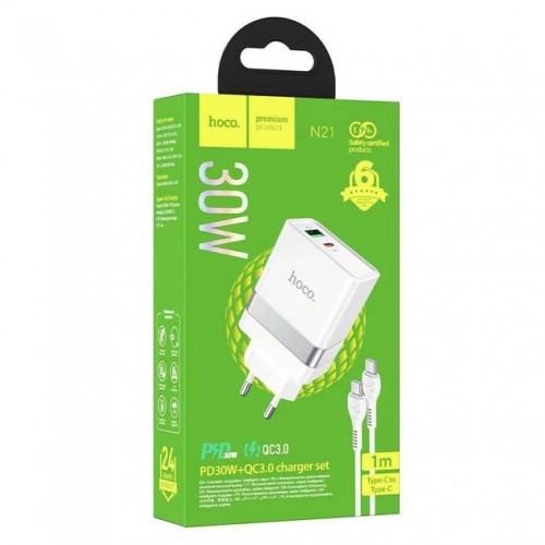 Сетевое зарядное устройство Hoco N21 PD+QC3.0 Type-C (USB, Type-C, 30W/Cable Type-C to Type-C) White