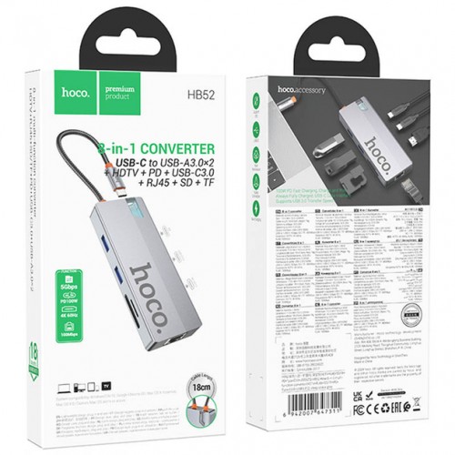 Переходник USB-хаб Hoco HB52 8in1 (Type-C to Type-C, 2xUSB3.0, HDMI, RJ45, SD/TF, PD) Grey