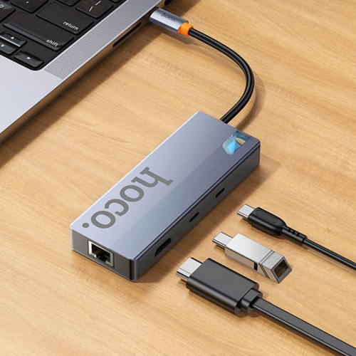 Переходник USB-хаб Hoco HB52 8in1 (Type-C to Type-C, 2xUSB3.0, HDMI, RJ45, SD/TF, PD) Grey