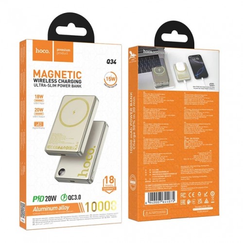 Power Bank Hoco Q26A Wireless Charger PD+QC3.0 20W (10000mAh) Titanium gold