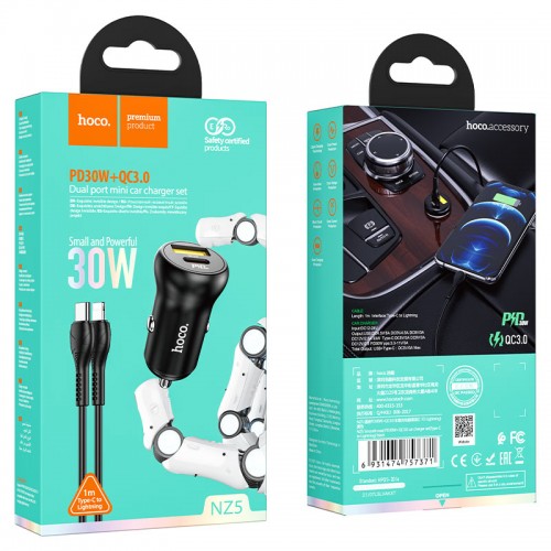 АЗУ Hoco NZ5 PD+QC3.0 Lightning (АЗУ USB, Type-C, 30W/Cable Type-C to Lightning) black