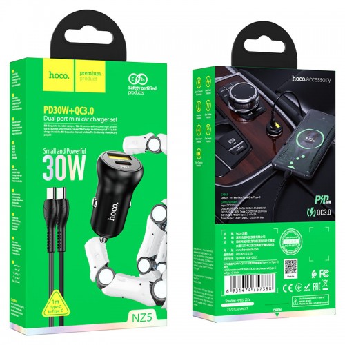 АЗУ Hoco NZ5 PD+QC3.0 Type-C (АЗУ USB, Type-C, 30W/Cable Type-C to Type-C) black