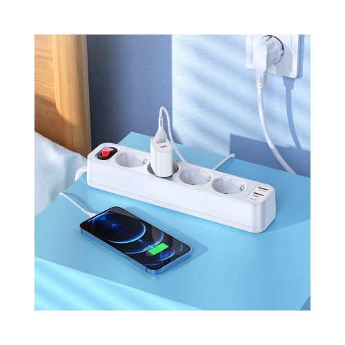 Мережевий фільтр Hoco NS1 (2xUSB/Type-C/4xSocket) 1.8m. white