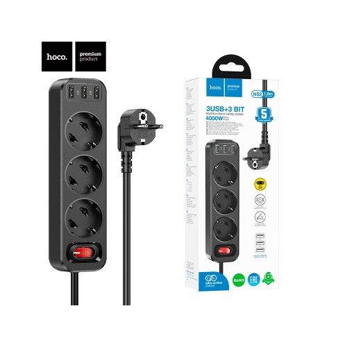 Мережевий фільтр Hoco NS2 (3xUSB/3xSocket) 1.8m. black