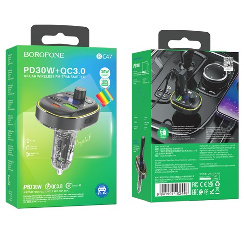 FM-трансмиттер Borofone BC47 PD+QC3.0 (АЗУ 2xUSB, Type-C, 30W) Blue