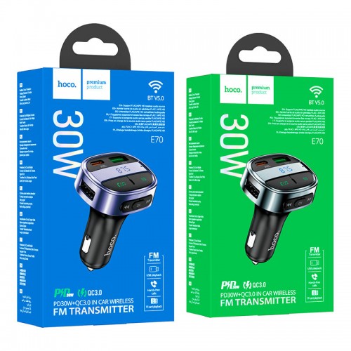 FM-трансмиттер Hoco E70 PD+QC3.0 (АЗУ 2xUSB, Type-C, 30W) Blue