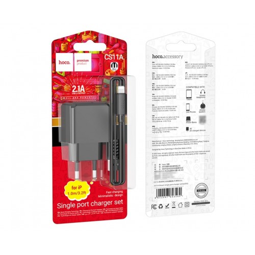 Сетевое зарядное устройство Hoco CS11A Lightning (USB 2.1A/Cable Lightning) Black