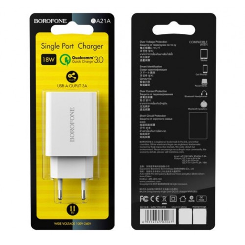 Сетевое зарядное устройство Borofone BA21A QC3.0 (USB 3A, 18W) White