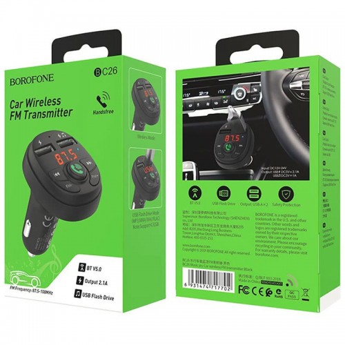 FM-трансмиттер Borofone BC26 (АЗУ 2xUSB, 2.1A) Black