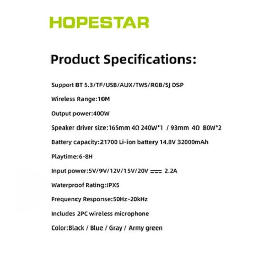 Портативная колонка с 2 микрофонами Hopestar Party Box 168 400W Camouflage green
