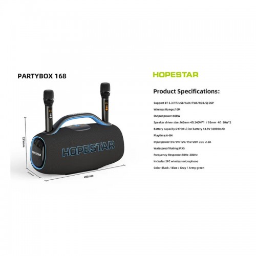 Портативна Bluetooth колонка Hopestar Party Box 168 400W з 2 мікрофонами Blue