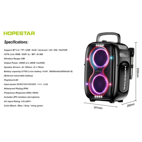 Портативна Bluetooth колонка Hopestar Party One Club 650W з 2 мікрофонами Grey