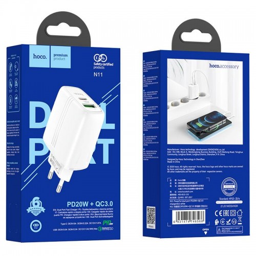 Сетевое зарядное устройство Hoco N11 PD+QC3.0 (USB, Type-C, 20W) white