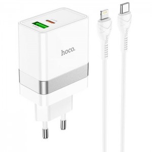 Сетевое зарядное устройство Hoco N21 PD+QC3.0 Lightning (USB, Type-C, 30W/Cable Type-C to Lightning) white