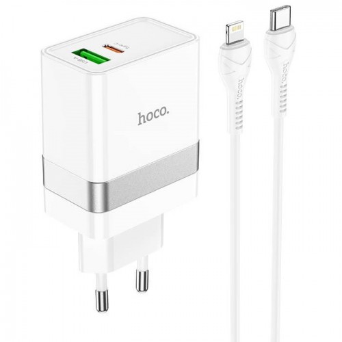 Сетевое зарядное устройство Hoco N21 PD+QC3.0 Lightning (USB, Type-C, 30W/Cable Type-C to Lightning) white