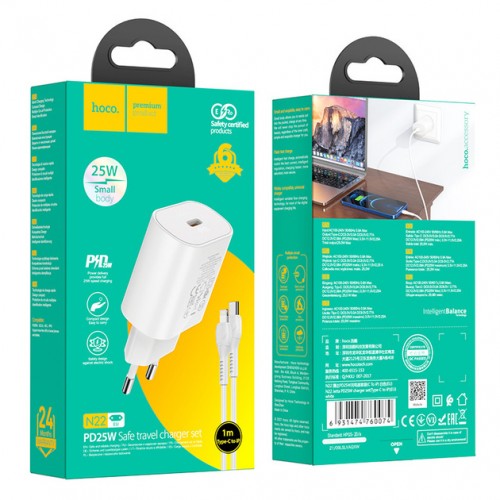 Сетевое зарядное устройство Hoco N22 PD Lightning (Type-C, 25W/Cable Type-C to Lightning) white
