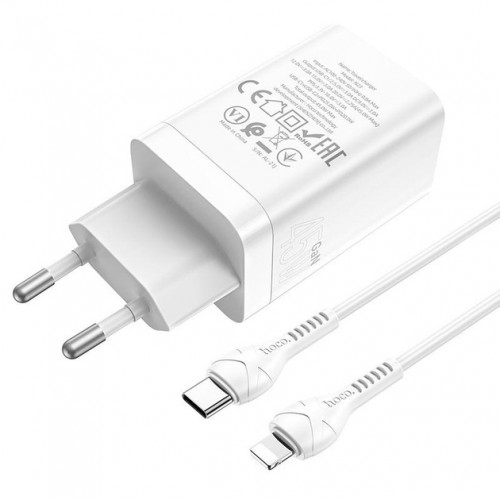 Мережевий зарядний пристрій Hoco N23 PD Lightning (2xType-C, 45W GaN/Cable Type-C to Lightning) white