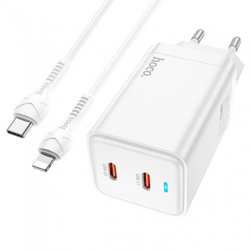 Мережевий зарядний пристрій Hoco N23 PD Lightning (2xType-C, 45W GaN/Cable Type-C to Lightning) white