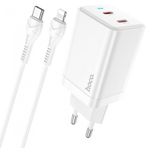 Мережевий зарядний пристрій Hoco N23 PD Lightning (2xType-C, 45W GaN/Cable Type-C to Lightning) white