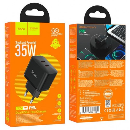 Сетевое зарядное устройство Hoco N29 PD (2xType-C, 35W) black