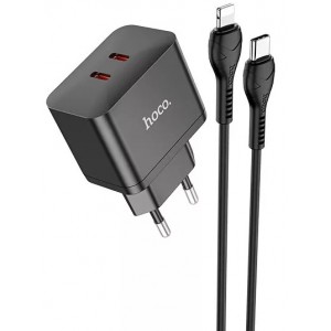 Сетевое зарядное устройство Hoco N29 PD Lightning (2xType-C, 35W/Cable Type-C to Lightning) black