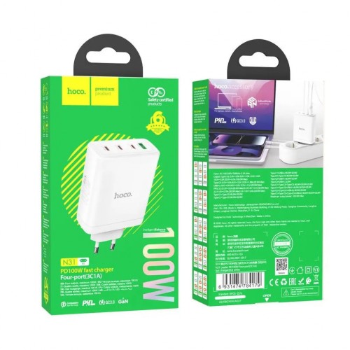 Мережевий зарядний пристрій Hoco N31 PD+QC3.0 (USB, 3xType-C, 100W) white
