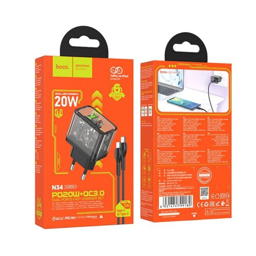 МЗП Hoco N34 PD+QC3.0 Type-C (USB, Type-C, 20W/Cable Type-C to Type-C) Black