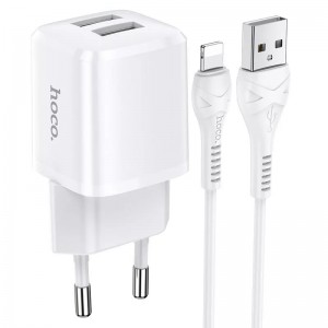 Мережевий зарядний пристрій Hoco N8 Lightning (2xUSB 2.4A/Cable Lightning) White
