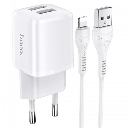 Мережевий зарядний пристрій Hoco N8 Lightning (2xUSB 2.4A/Cable Lightning) White