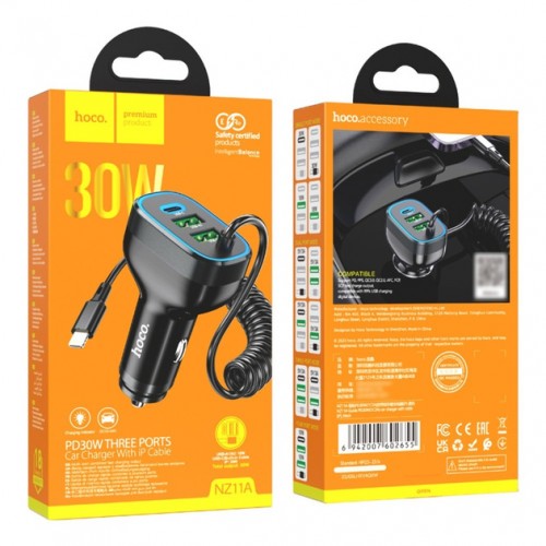 АЗУ Hoco NZ11A PD+QC3.0 Lightning (2xUSB, Type-C, 30W/Cable Lightning) black