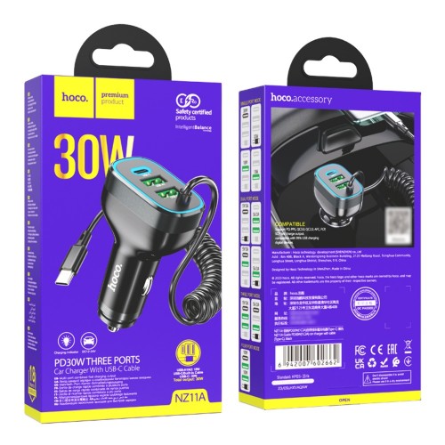 АЗУ Hoco NZ11A PD+QC3.0 Type-C (2xUSB, Type-C, 30W/Cable Type-C) black