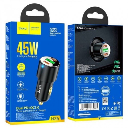 АЗУ Hoco NZ6 PD+QC3.0 (USB, 2xType-C, 45W) Black