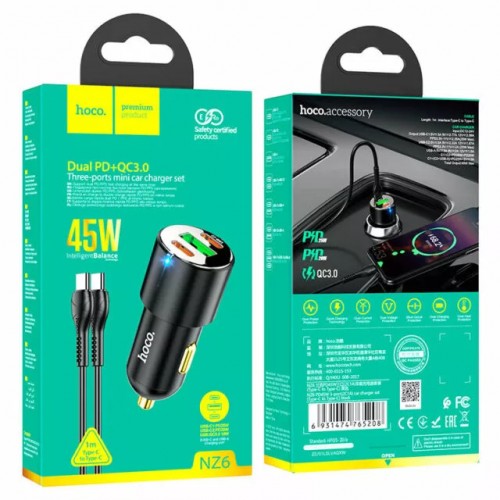 АЗУ Hoco NZ6 PD+QC3.0 Type-C (USB, 2xType-C, 45W/Cable Type-C to Type-C) black