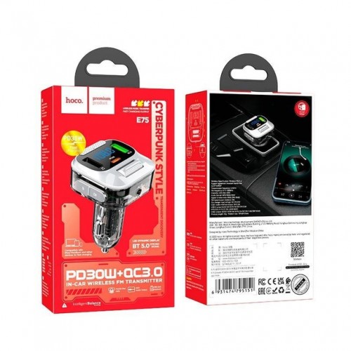 FM-трансмиттер Hoco E75 PD+QC3.0 (АЗУ 2xUSB, Type-C, 30W)