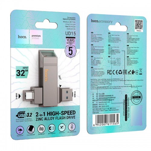 HOCO Clever USB3.2 Type-C flash drive (32GB) UD15 |exFAT/FAT32| grey