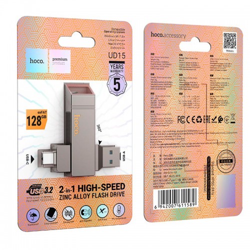 HOCO Clever USB3.2 Type-C flash drive (128GB) UD15 |exFAT/FAT32| grey