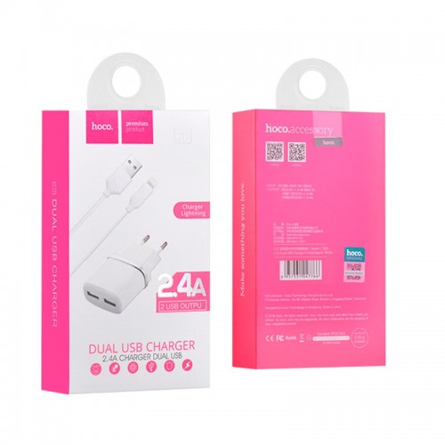Адаптер мережевий Hoco Lightning cable C12 |2USB, 2.4А| white