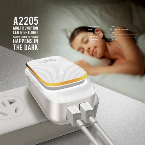 Адаптер мережевий LDNIO Micro USB Cable Touch Light A2205 |2USB, 2.4A| white