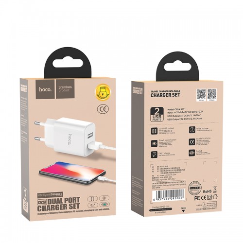 Адаптер сетевой Hoco Lightning cable Victoria C62A |2USB, 2.1А|