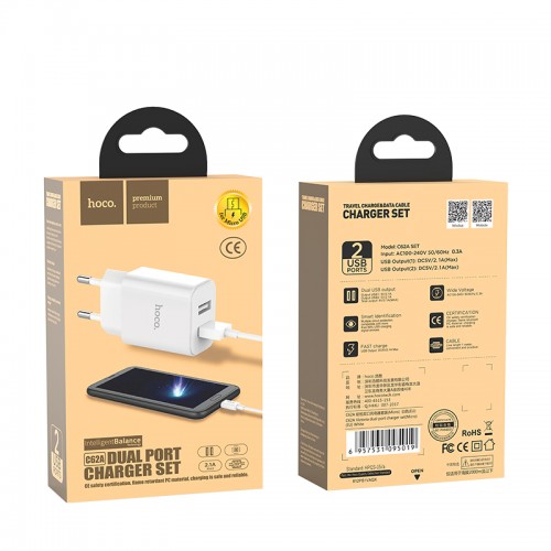 Адаптер сетевой Hoco Micro cable Victoria C62A |2USB, 2.1А|